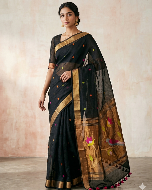 Black Paithani Parrot Linen Saree Handloom