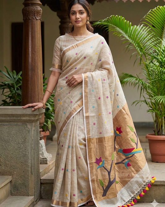 Cream Paithani Parrot Pure Linen Handloom